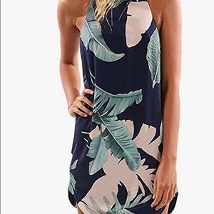 Asvidid Leaf Floral Casual Dress, navy with leaf prints, size XL
